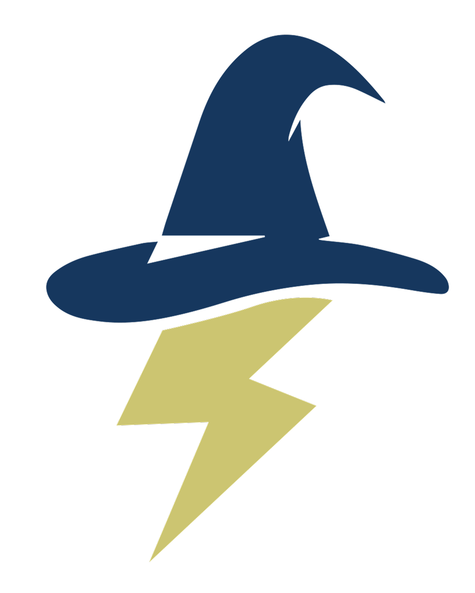 A minimalist design featuring a blue wizard hat above a yellow lightning bolt, symbolizing magic and energy.